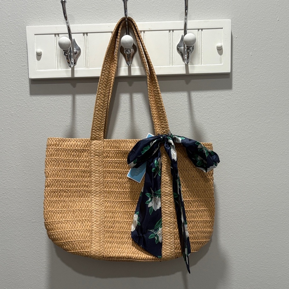 Draper James Natural Woven Tote with Navy Floral Accent